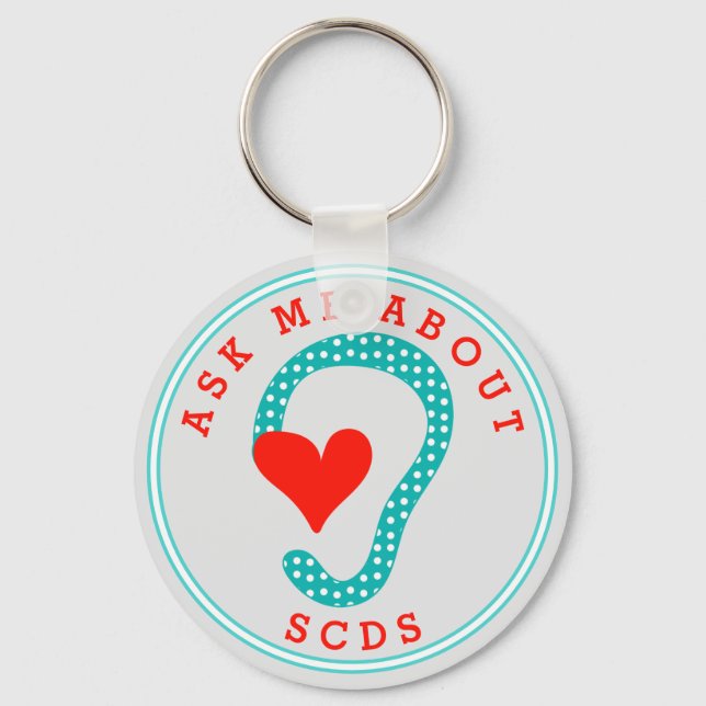 Ask me about SCDS (Red Text and Aqua) Keychain (Front)