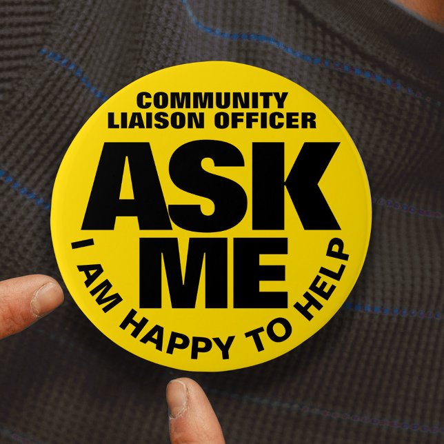 Ask me I am happy to help yellow black custom Button (Creator Uploaded)