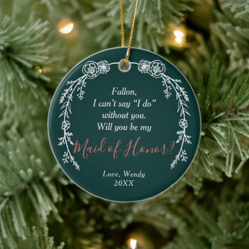 Asking Maid of Honor Personalized Line Art Wreath Ceramic Ornament