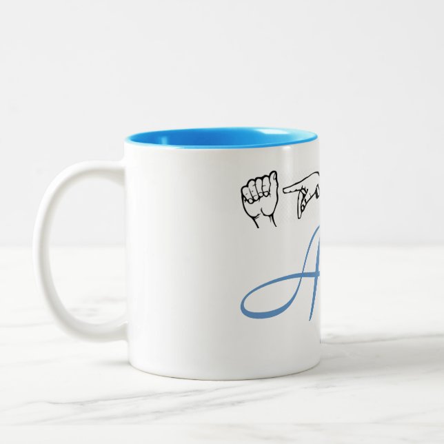 ASL American Sign Language Fingerspelled April Two Two-Tone Coffee Mug (Left)