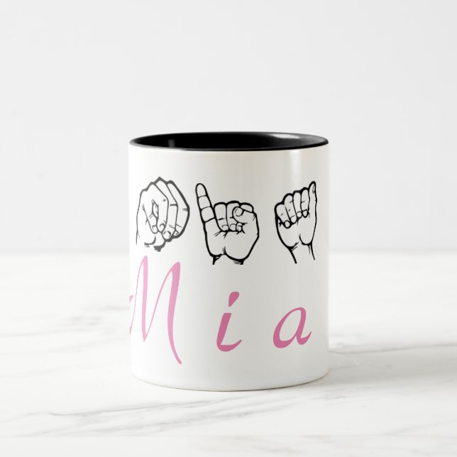 ASL American Sign Language Fingerspelled Mia Two-Tone Coffee Mug (Center)