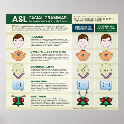 ASL Facial Grammar for various life forms poster