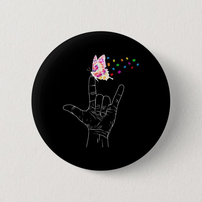 ASL I Love You Hand Sign Language Butterfly Autism Button (Front)