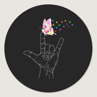 ASL I Love You Hand Sign Language Butterfly Autism Classic Round Sticker