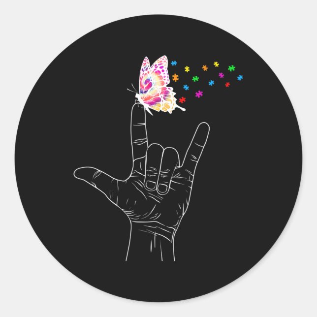 ASL I Love You Hand Sign Language Butterfly Autism Classic Round Sticker (Front)