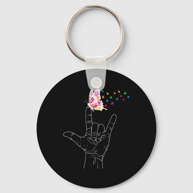 ASL I Love You Hand Sign Language Butterfly Autism Keychain (Front)