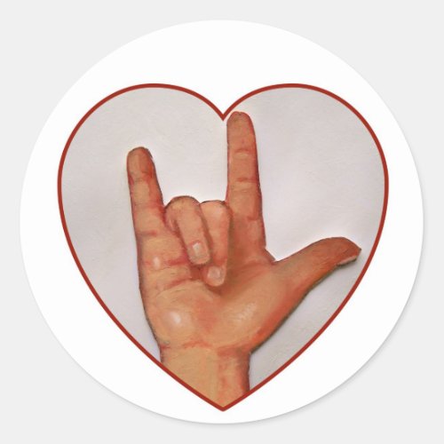 ASL I LOVE YOU HEART SHAPED CLASSIC ROUND STICKER