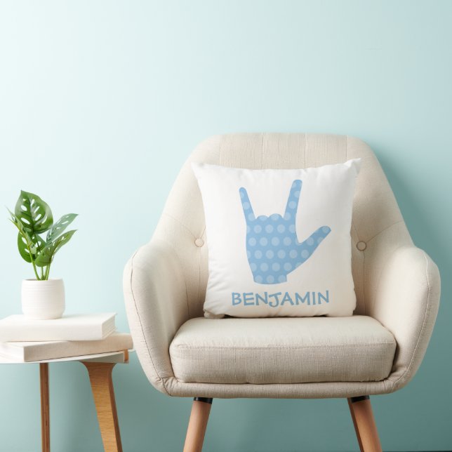 ASL I Love You Kids' Room Boys Blue Dots & Name Throw Pillow (Chair)