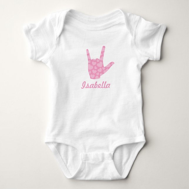 ASL I Love You Pink Hearts Sign Language Girl Name Baby Bodysuit (Front)