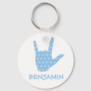 ASL I Love You Sign Blue Dots Boy's Name Large Keychain