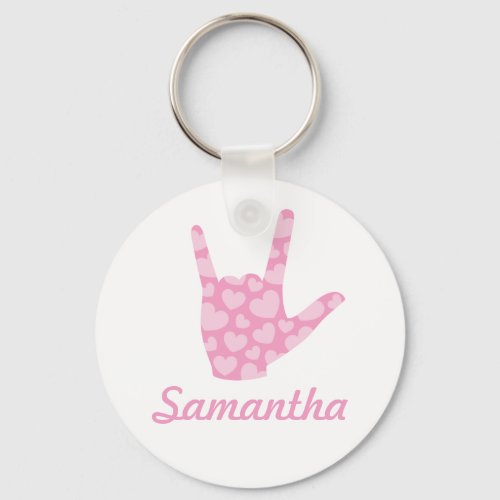ASL I Love You Sign Pink Hearts Girls Name Large Keychain