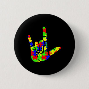 ASL Love Hand Sign Language Puzzle Autism Awarenes Button