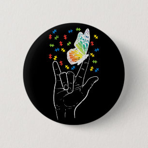 Asl Love Sign Butterfly Puzzle Autism Awareness Sp Button
