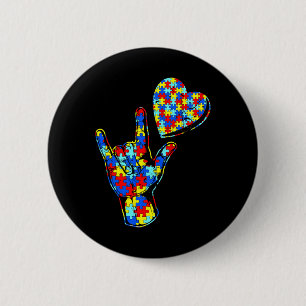 ASL Love Sign Language Autism Awareness Puzzle Kin Button