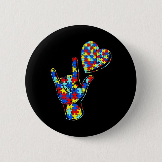 ASL Love Sign Language Autism Awareness Puzzle Kin Button (Front)