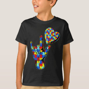 ASL Love Sign Language Autism Awareness Puzzle Kin T-Shirt