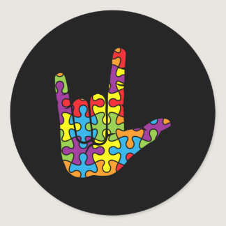 ASL Love Sign Language - Autistic Puzzle Autism Aw Classic Round Sticker