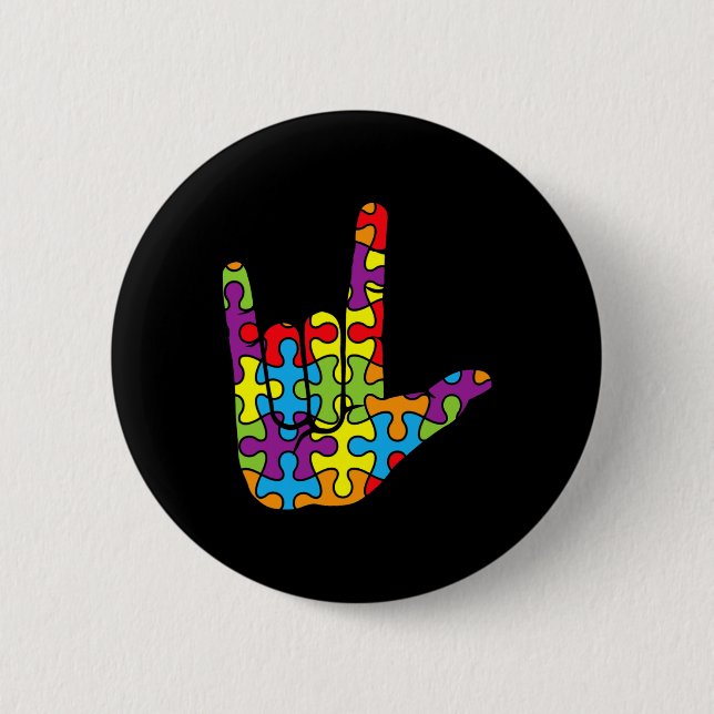 ASL Love Sign Language Autistic Puzzle Autism Awar Button (Front)