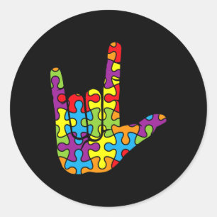 ASL Love Sign Language Autistic Puzzle Autism Awar Classic Round Sticker