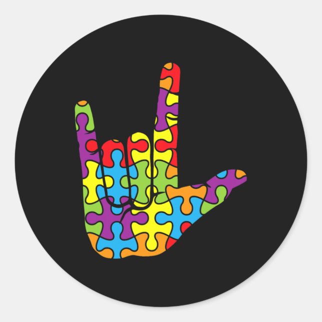 ASL Love Sign Language Autistic Puzzle Autism Awar Classic Round Sticker (Front)