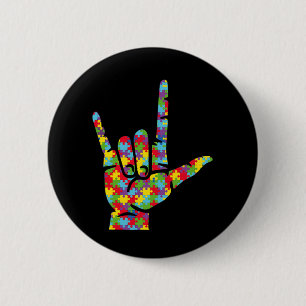 ASL Love Sign Language Hand Autism Awareness Puzzl Button