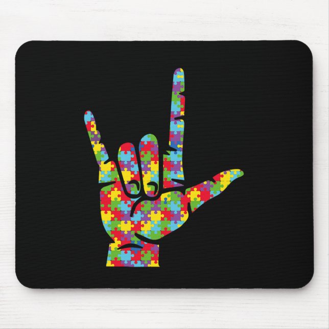 ASL Love Sign Language Hand Autism Awareness Puzzl Mouse Pad (Front)