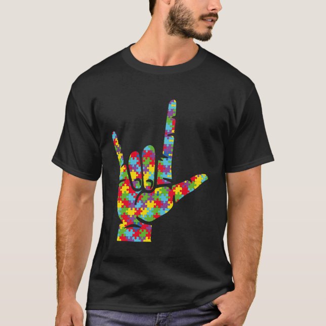 Asl Love Sign Language Hand Autism Awareness Puzzl T-Shirt (Front)