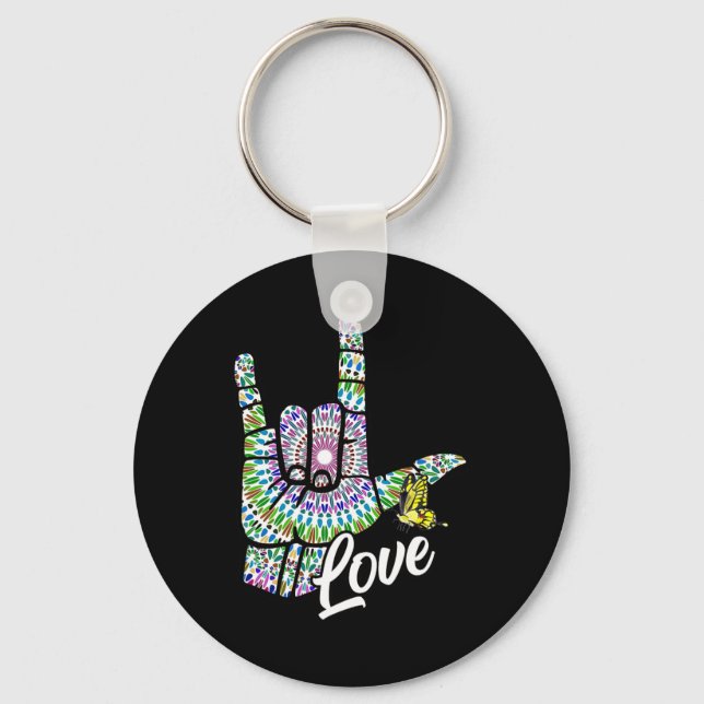ASL Love You Hand Sign Language Butterfly Deaf Awa Keychain (Front)