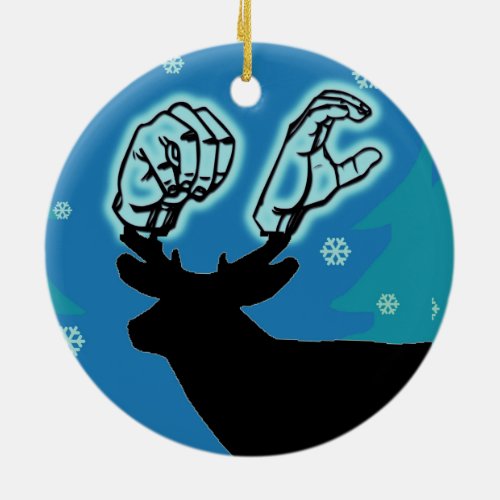 ASL Merry Christmas Deer on Blue Ceramic Ornament