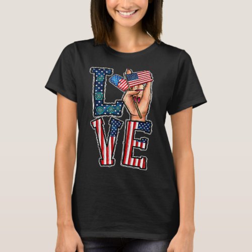 Asl Sign Language I Love You American Flag  4th Of T_Shirt