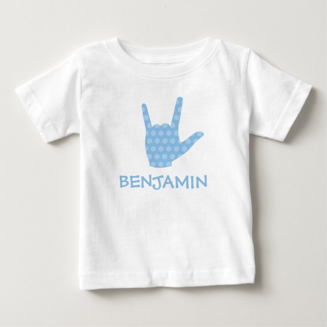 ASL Sign Language I Love You Blue Dots Boy Name Baby T-Shirt (Front)