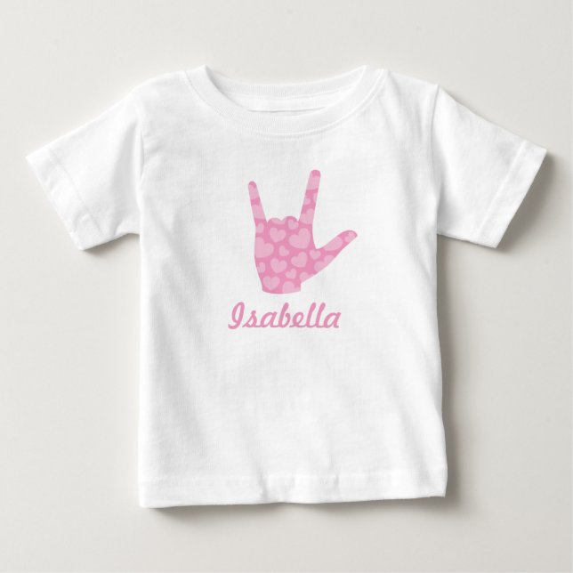 ASL Sign Language I Love You Pink Hearts Girl Name Baby T-Shirt (Front)