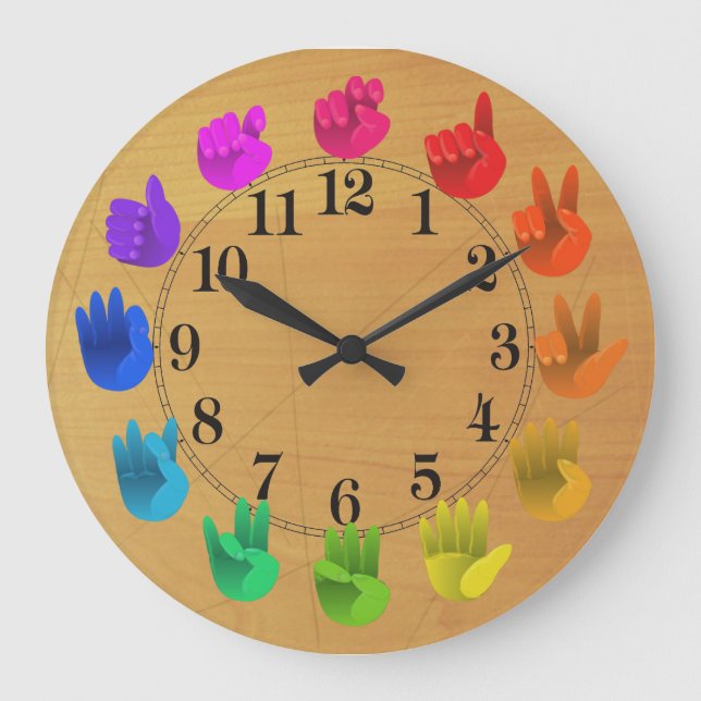 ASL Sign language rainbow color wheel wood Large Clock (Front)