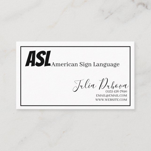 ASL, Sign Language,  Translator, Business Card (Front)