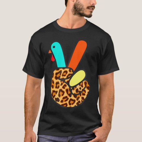 ASL Turkey Hand Peace Sign Leopard Thanksgiving Pe T_Shirt