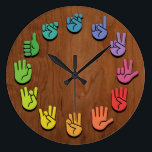 ASL Woodgrain Large Clock<br><div class="desc">ASL sign language hands clock, with hands in color wheel colors, on a woodgrain faux finish background.</div>