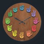 ASL Woodgrain Large Clock<br><div class="desc">ASL sign language hands clock,  with hands in color wheel colors,  on a woodgrain faux finish background.</div>