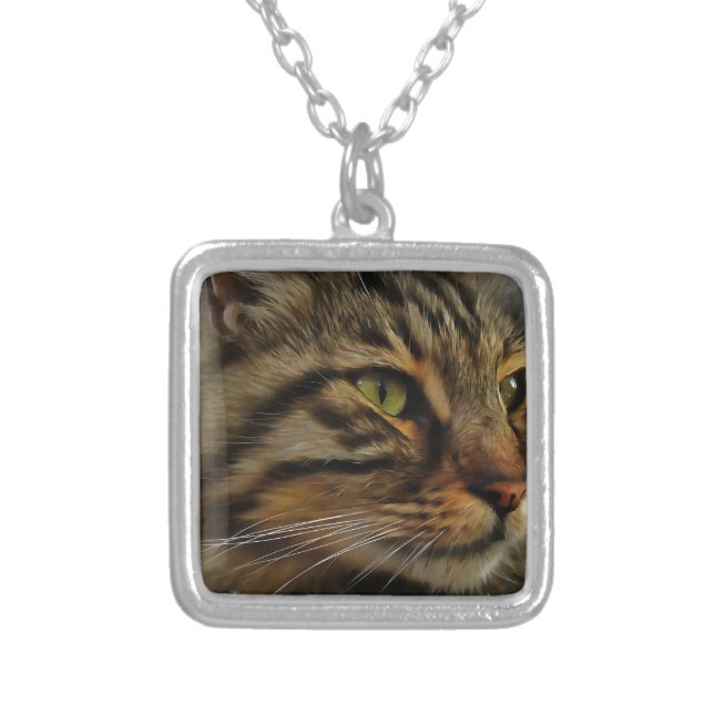 Aslan The Long Haired Tabby Cat Silver Plated Necklace (Front)