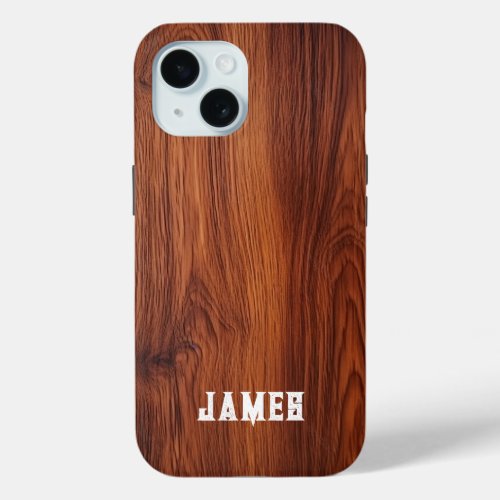 Aspen brown wooden design with personal name iPhone 15 case
