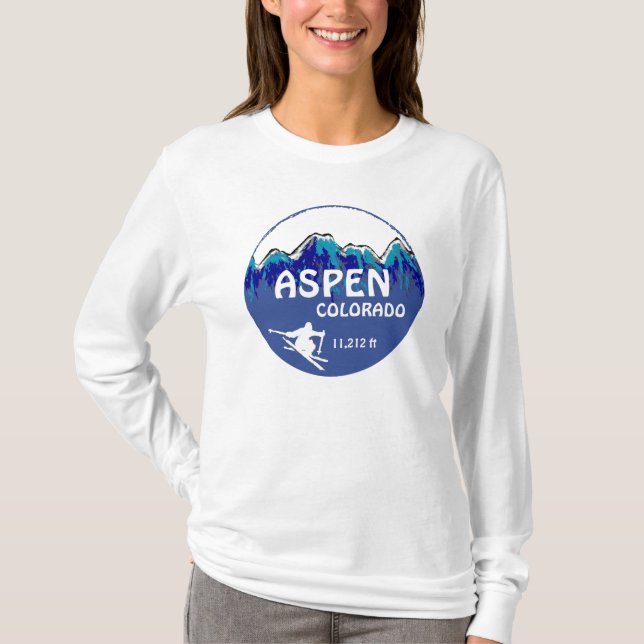 Aspen Colorado blue ladies ski art hoodie T-Shirt (Front)