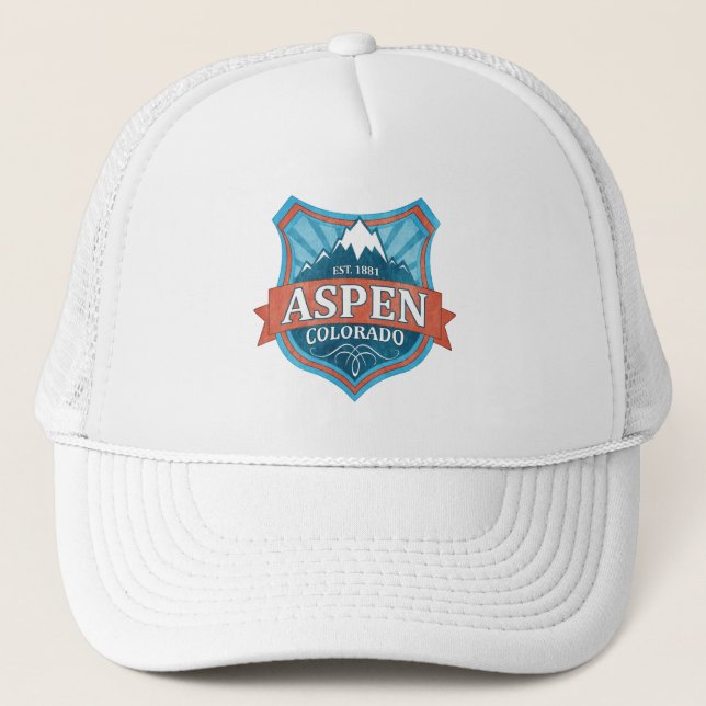 Aspen Colorado teal grunge shield trucker hat (Front)