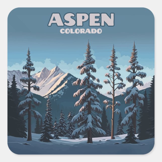 Aspen Colorado Trees Snow Mountains Retro Square Sticker (Front)