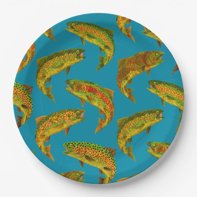 Aspen Leaf Rainbow Trout Seamless Pattern 2018 Paper Plates (Front)
