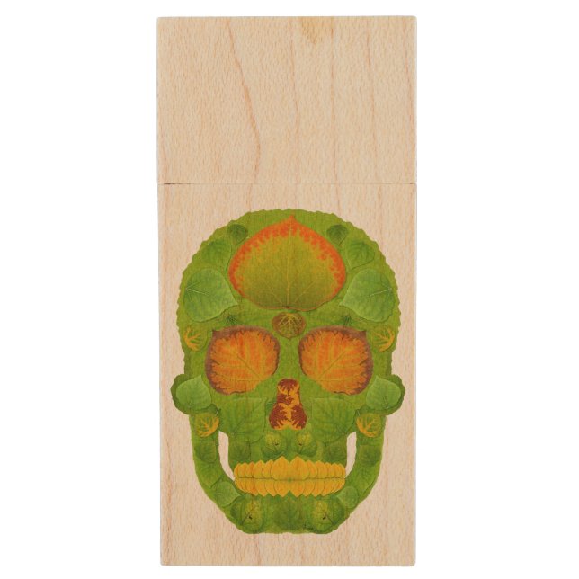 Aspen Leaf Skull 10 Wood Flash Drive (Front Vertical)