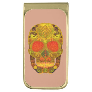Aspen Leaf Skull 12 Gold Finish Money Clip