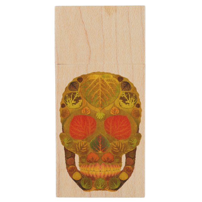 Aspen Leaf Skull 12 Wood USB Flash Drive (Front Vertical)