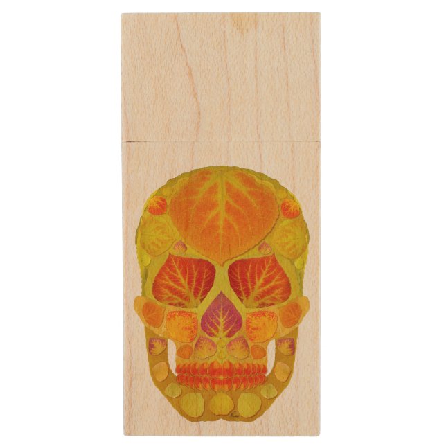 Aspen Leaf Skull 13 Wood USB Flash Drive (Front Vertical)
