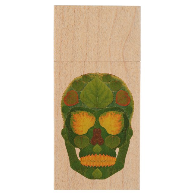 Aspen Leaf Skull 9 Wood Flash Drive (Back (Vertical))