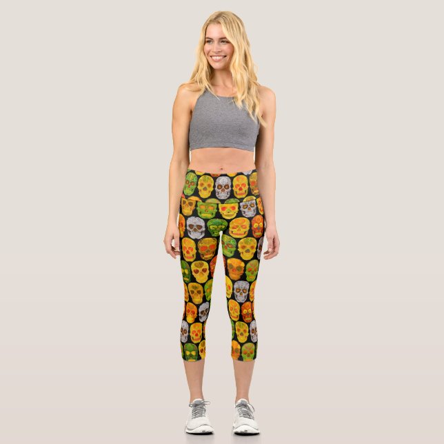 Aspen Leaf Skulls seamless pattern 2018 Capri Leggings (Front)