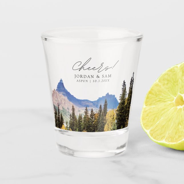 Aspen Photo Wedding Favor Cheers Shot Glass (Front)
